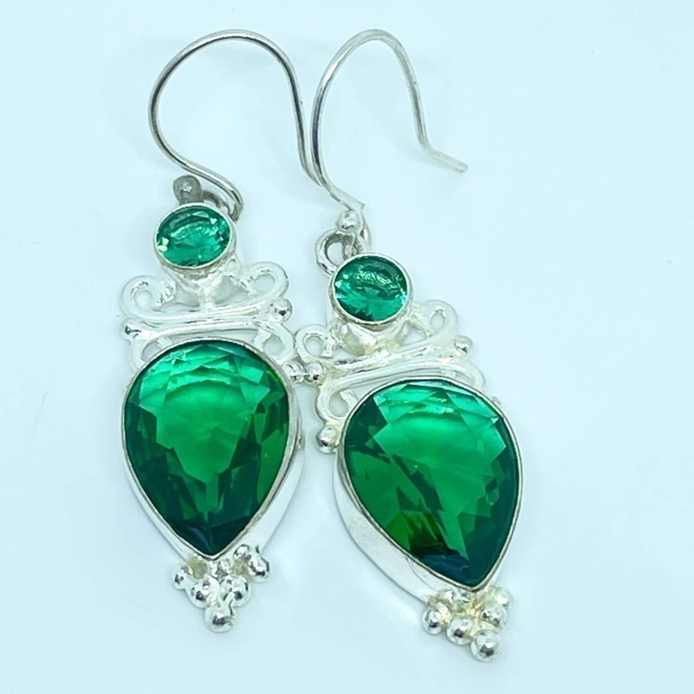 Sterling Silver Green Gemstone Dangle Earrings 2"